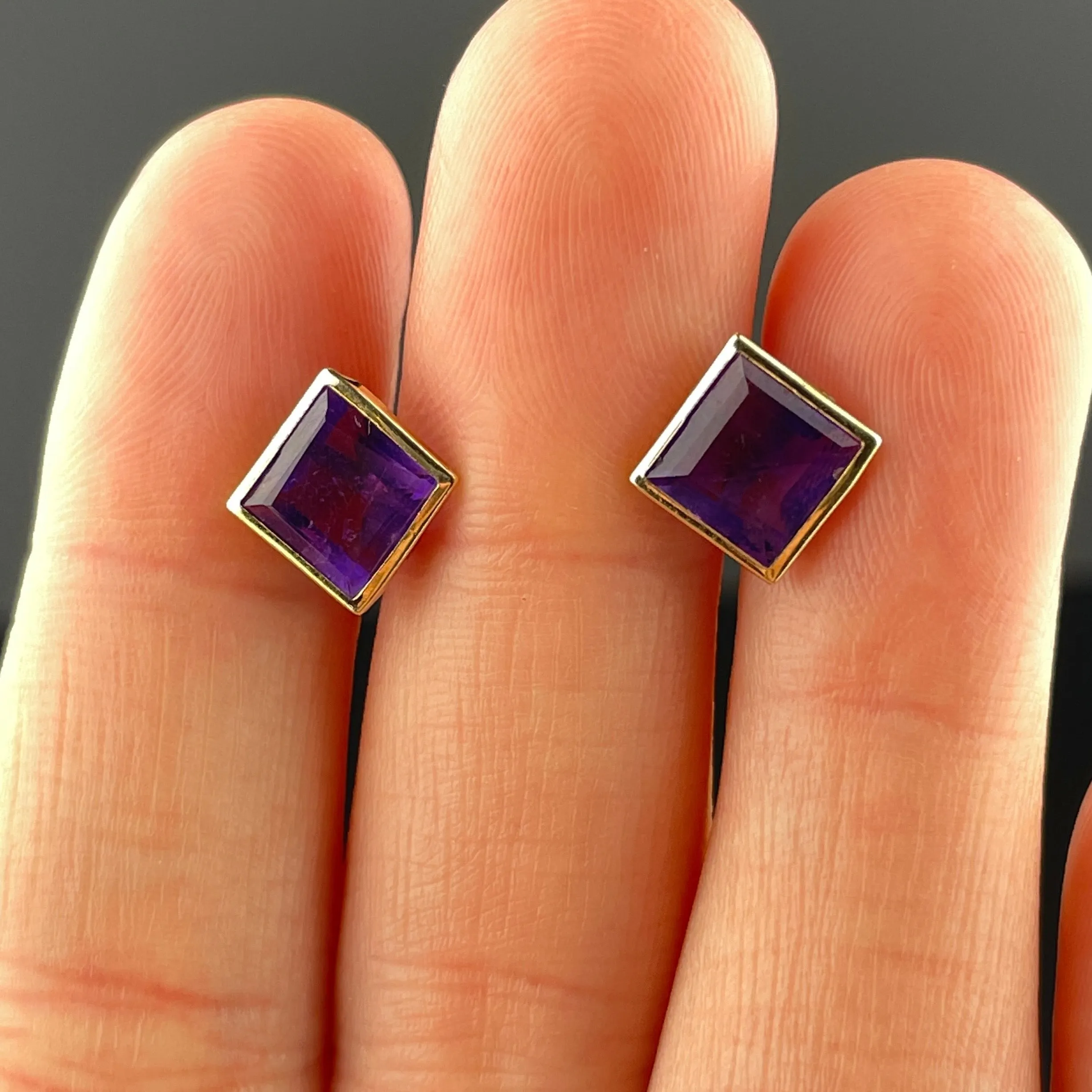 10K Gold Natural Square Cut Amethyst Post Earrings