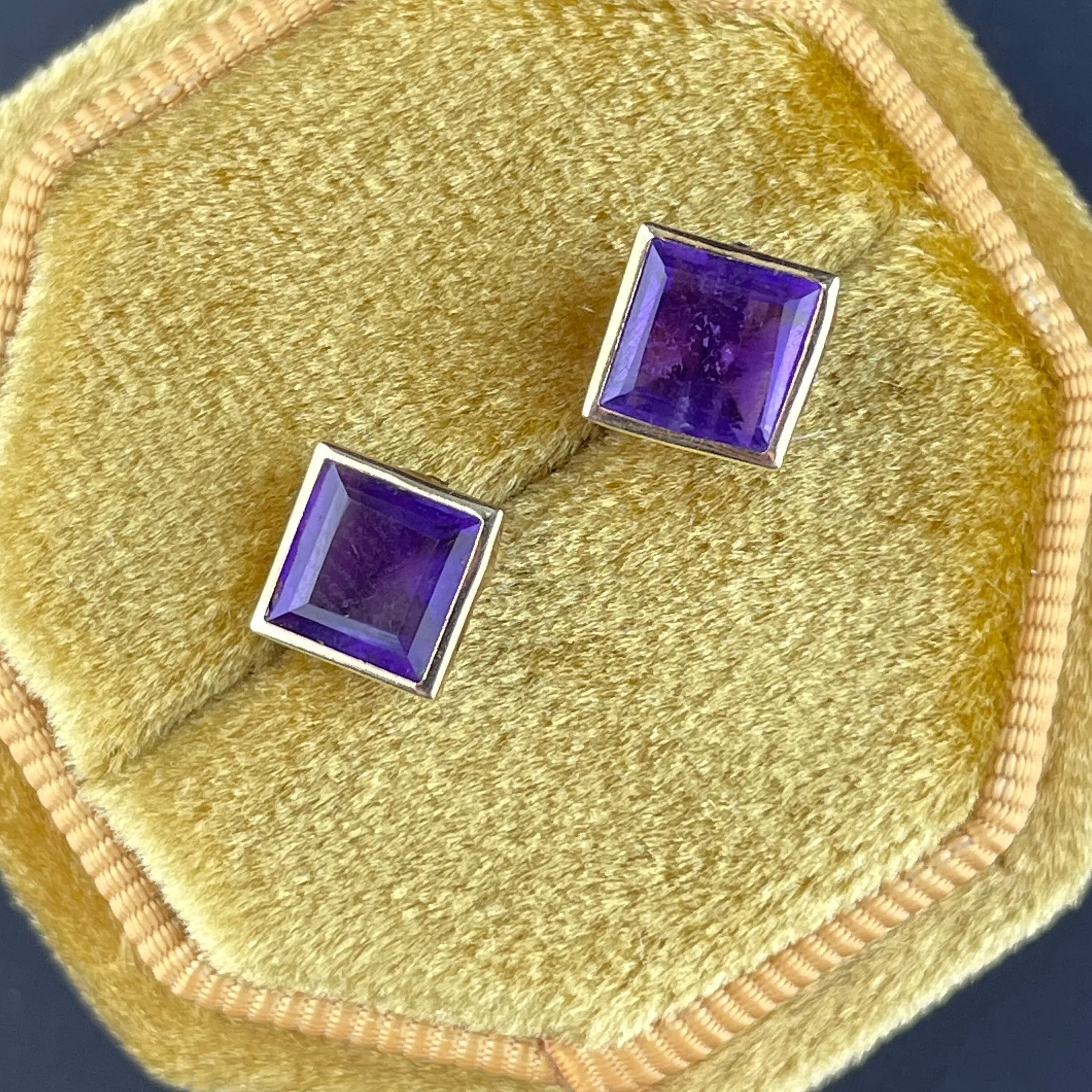 10K Gold Natural Square Cut Amethyst Post Earrings