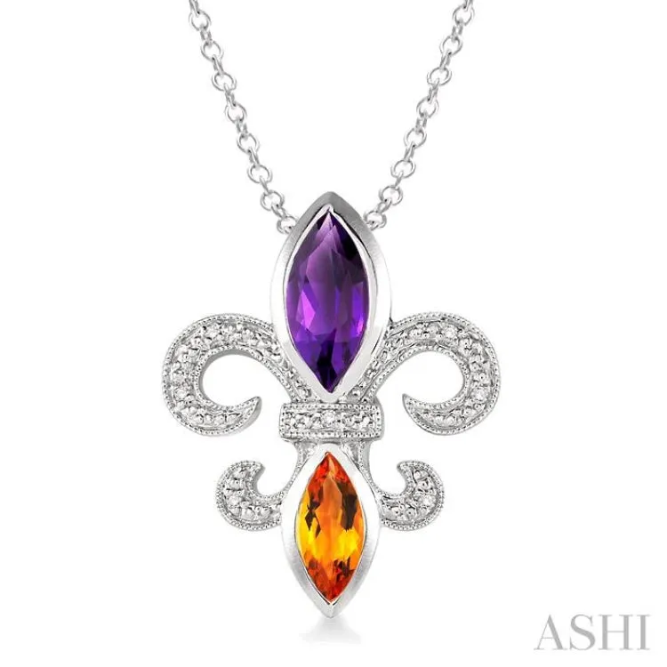 10x5 & 8x4 mm marquise cut Amethyst and Citrine and 1/50 Ctw Single Cut Diamond Fleur De Lis Pendant in Sterling Silver with Chain