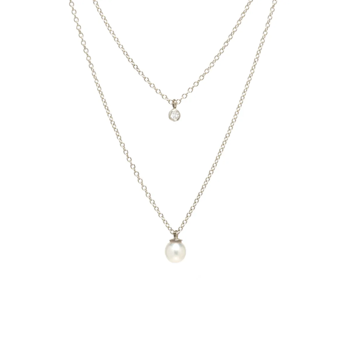 14k Diamond Bezel & Dangling Pearl Layered Necklace