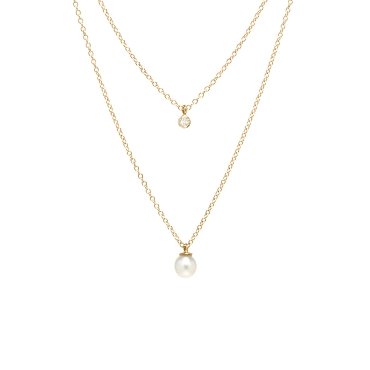 14k Diamond Bezel & Dangling Pearl Layered Necklace