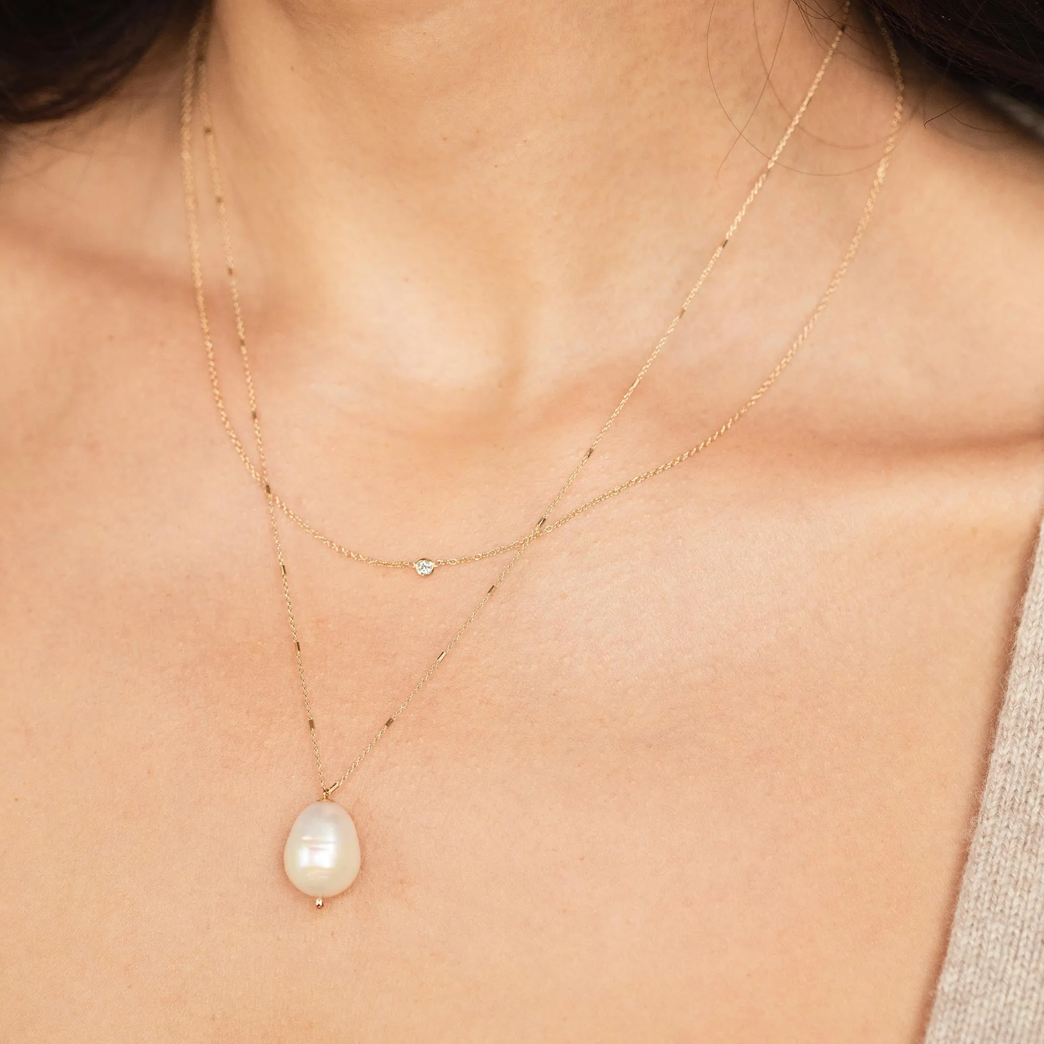 14k Floating Diamond & Large Baroque Pearl Layered Necklace