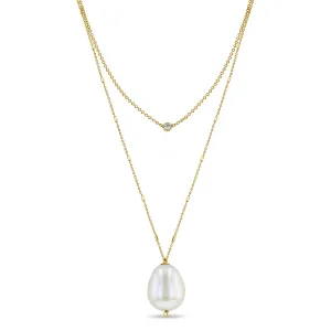 14k Floating Diamond & Large Baroque Pearl Layered Necklace