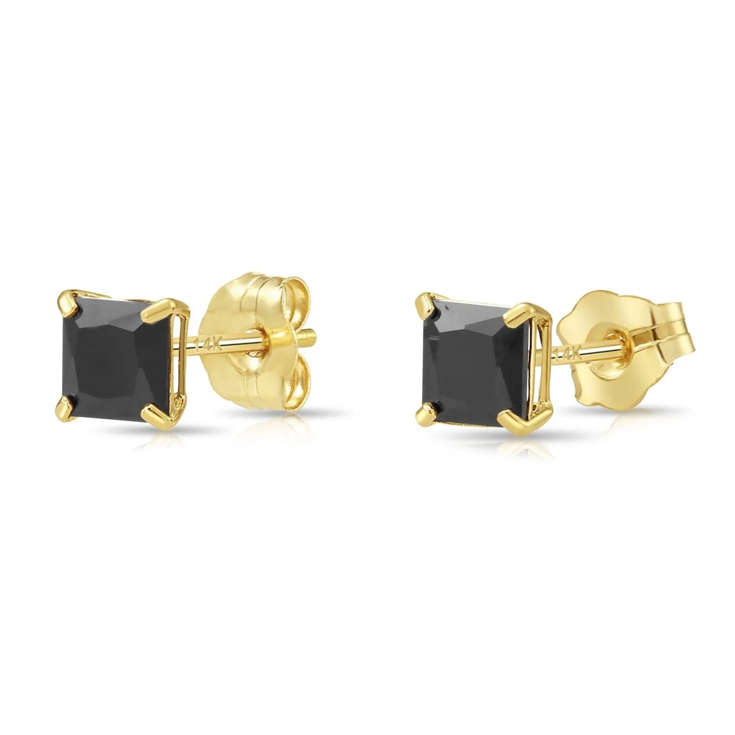 14K Gold Black Onyx Square CZ Studs, Princess-Cut Earrings With Push-Backs