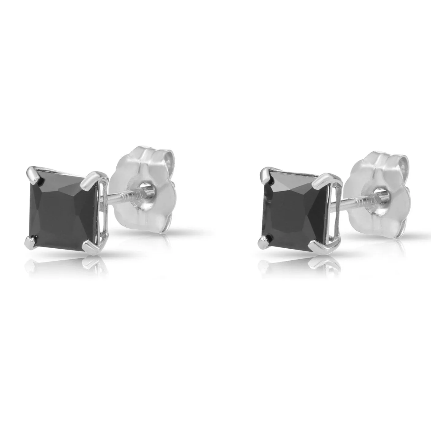 14K Gold Black Onyx Square CZ Studs, Princess-Cut Earrings With Push-Backs