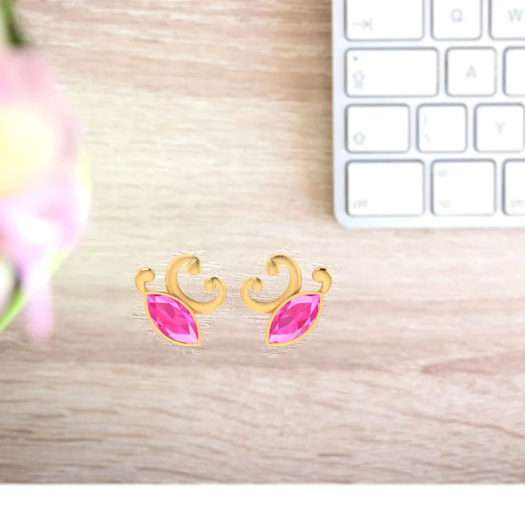 14k Gold Earrings With Unique Butterfly Design And Pink Stones