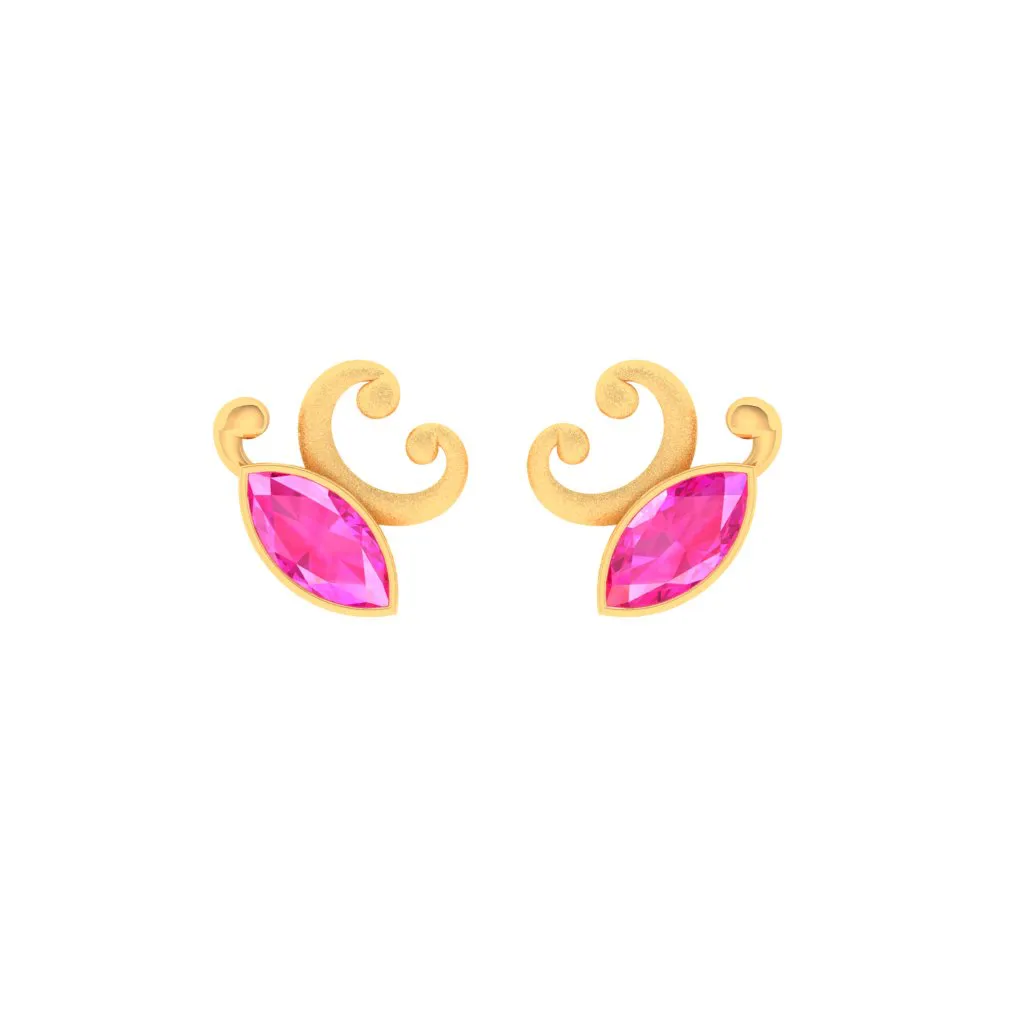 14k Gold Earrings With Unique Butterfly Design And Pink Stones