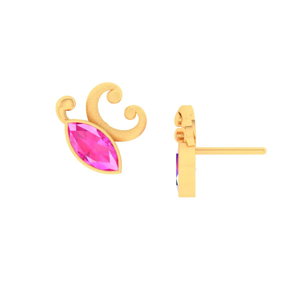 14k Gold Earrings With Unique Butterfly Design And Pink Stones