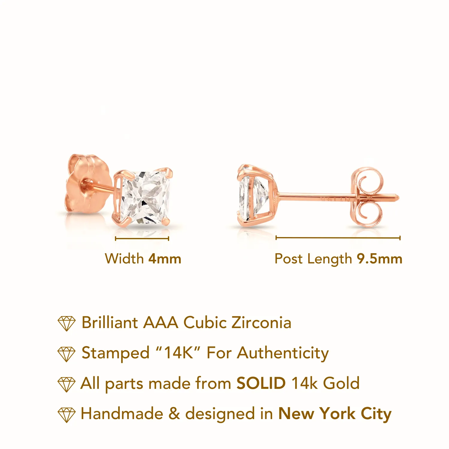 14K Rose Gold Square CZ Studs, Princess-Cut Earrings With Push-Backs, 4mm