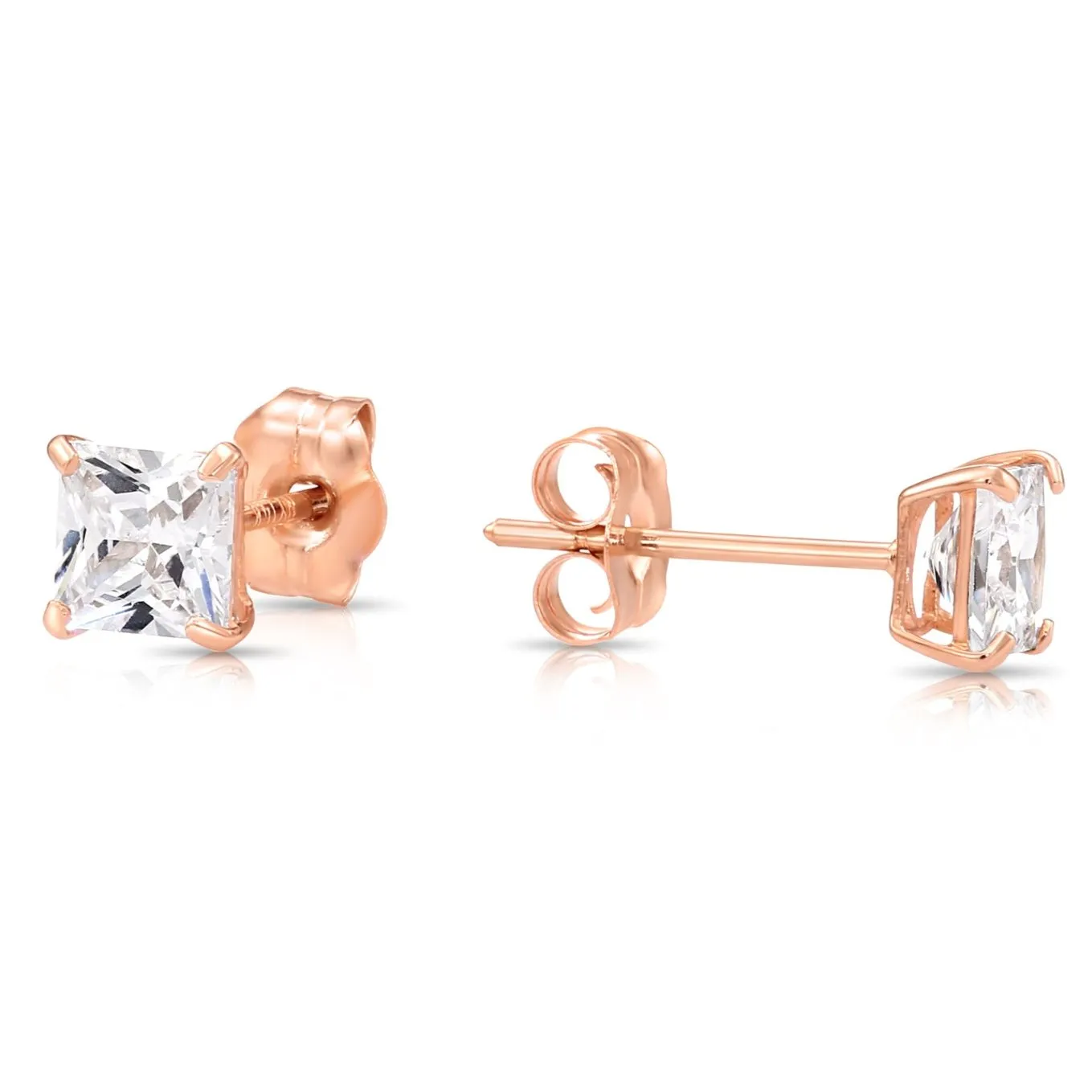 14K Rose Gold Square CZ Studs, Princess-Cut Earrings With Push-Backs, 4mm