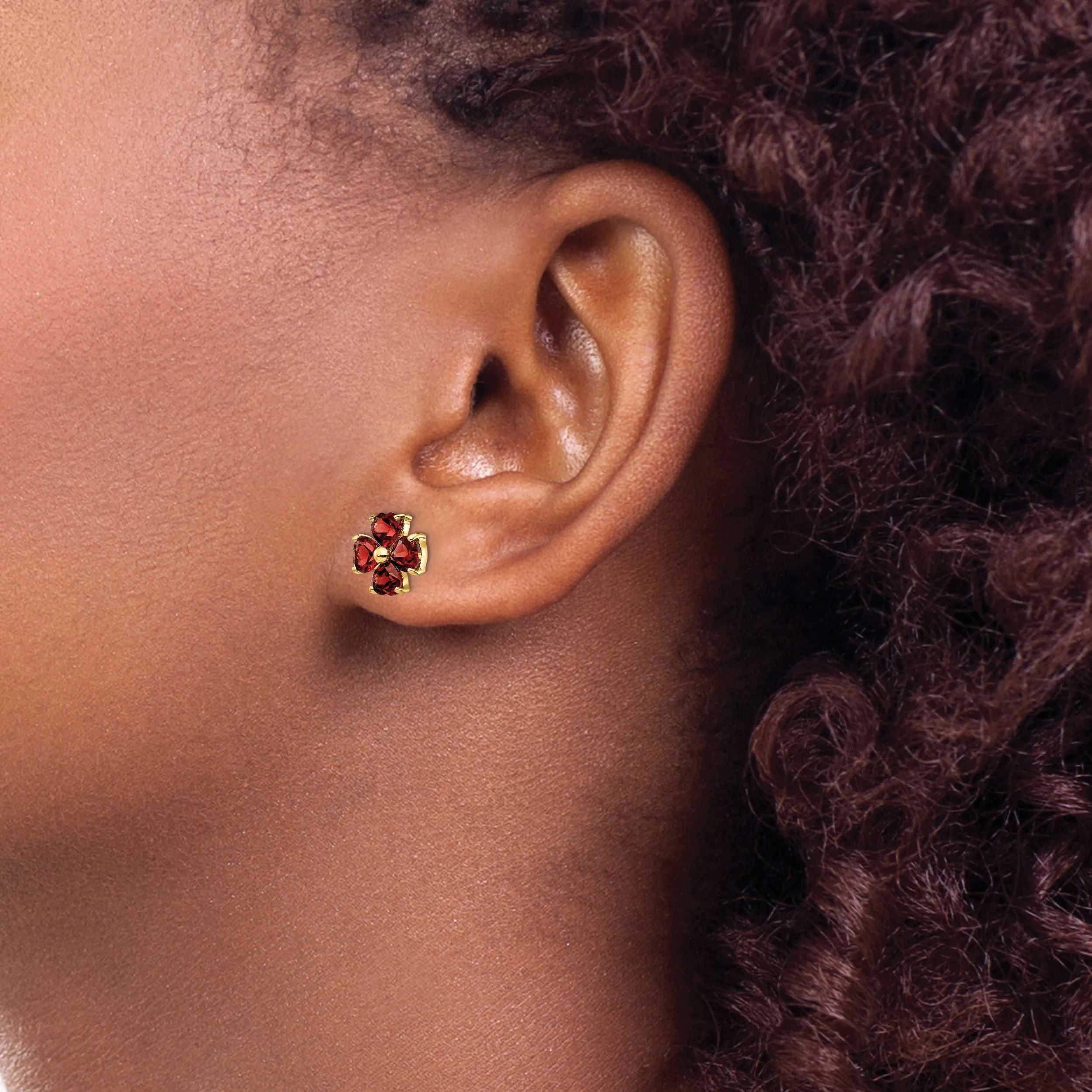 14k Yellow Gold Garnet Flower Post Earrings