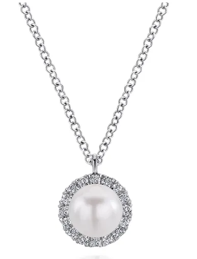 14KW Cultured Pearl and Diamond Halo Pendant Necklace