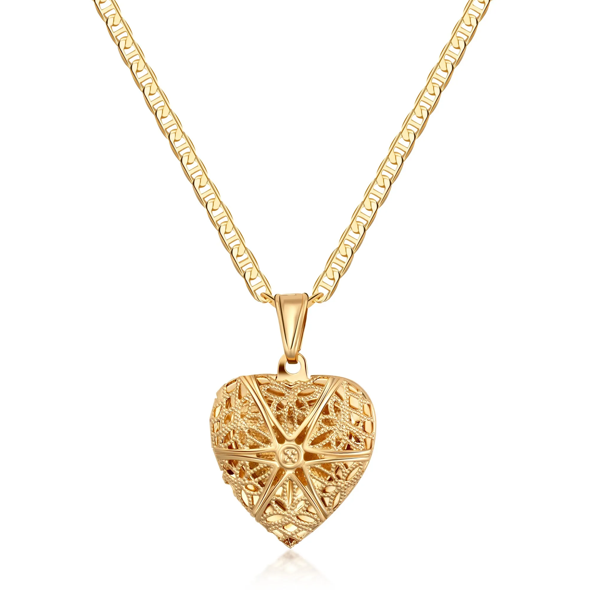 18k Gold Plated Filigree Heart Locket Pendant with Mariner Chain Necklace