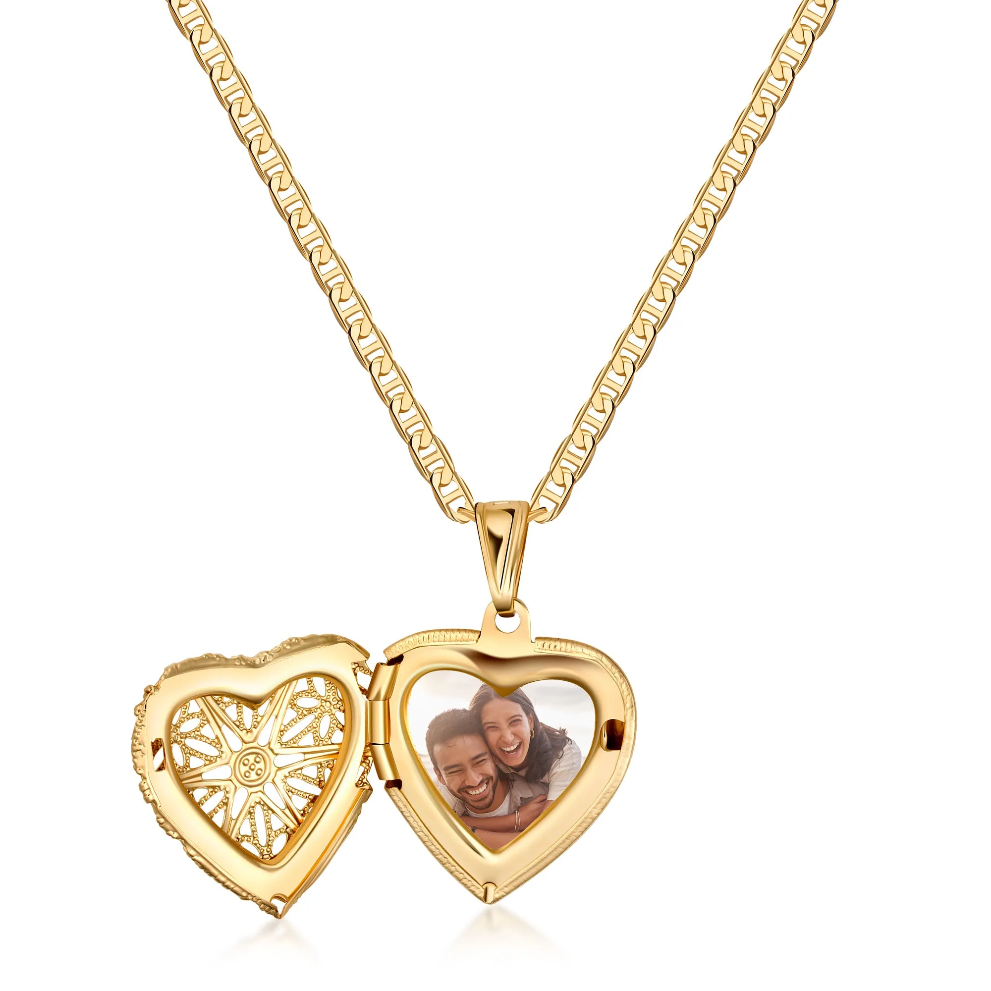 18k Gold Plated Filigree Heart Locket Pendant with Mariner Chain Necklace