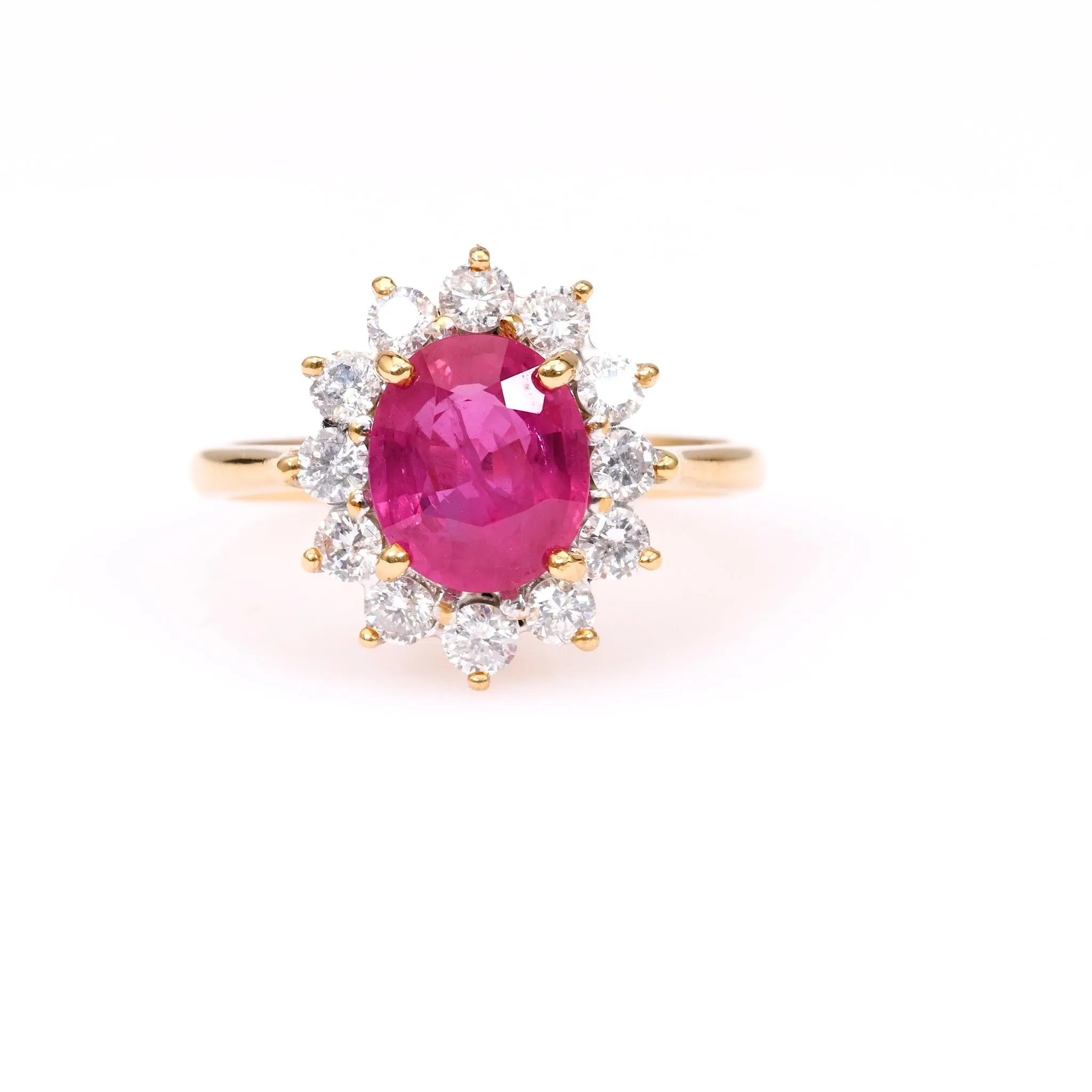 2.04 Carat Ruby and Diamond 18k Yellow Gold Cluster Ring