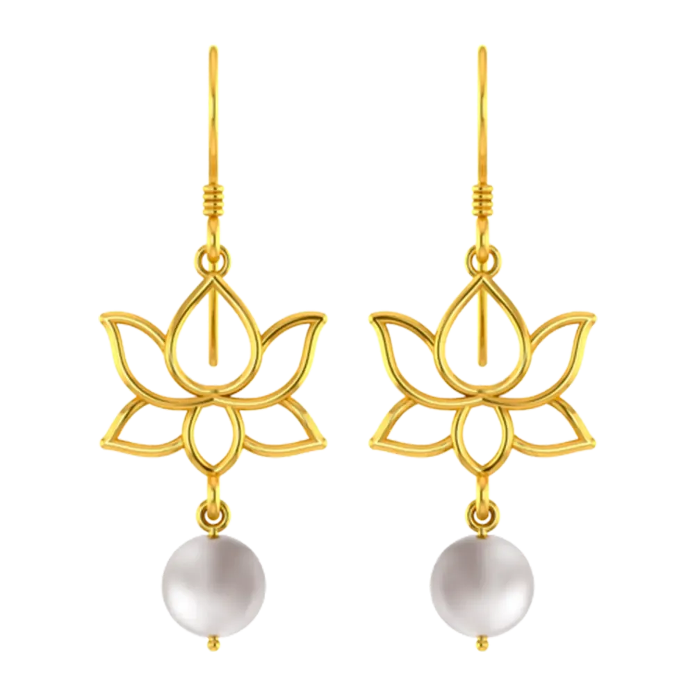 22k Unique Earrings With Gold Lotus Design And A Hanging Pearl