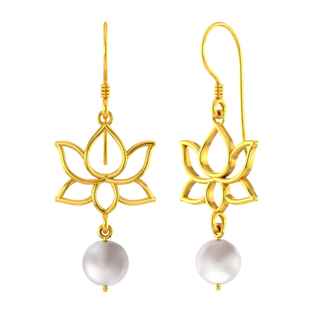 22k Unique Earrings With Gold Lotus Design And A Hanging Pearl