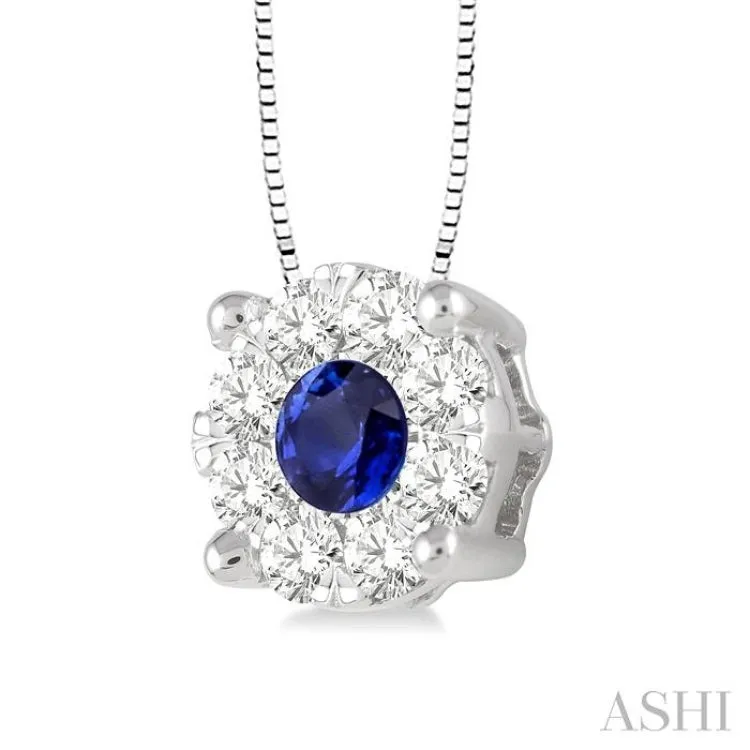 3.8 mm Round Cut Sapphire and 1/3 Ctw Lovebright Precious Pendant in 14K White Gold with Chain