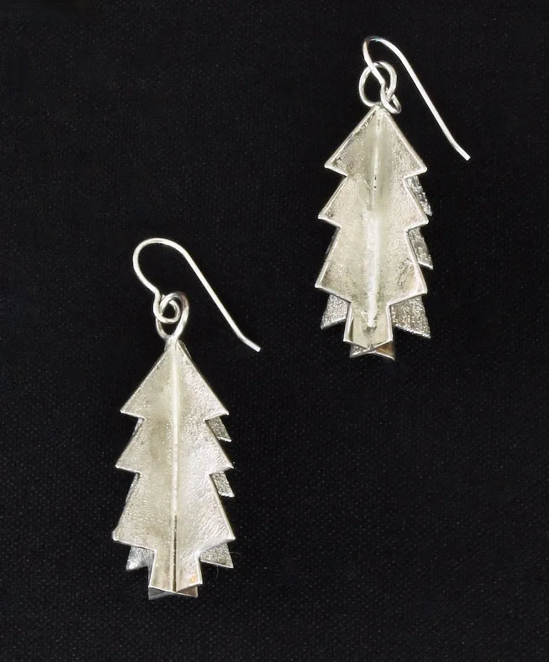 3D Textured Sterling Silver Christmas Tree Earrings with Sterling Silver Earring Wires