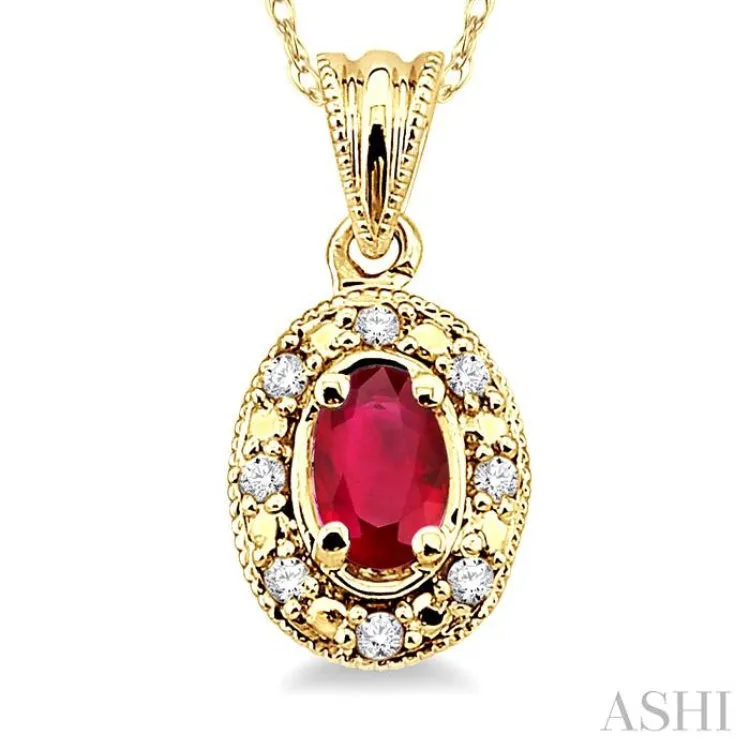 5x3 MM Oval Shape Ruby and 1/20 Ctw Single Cut Diamond Pendant in 14K Yellow Gold with Chain