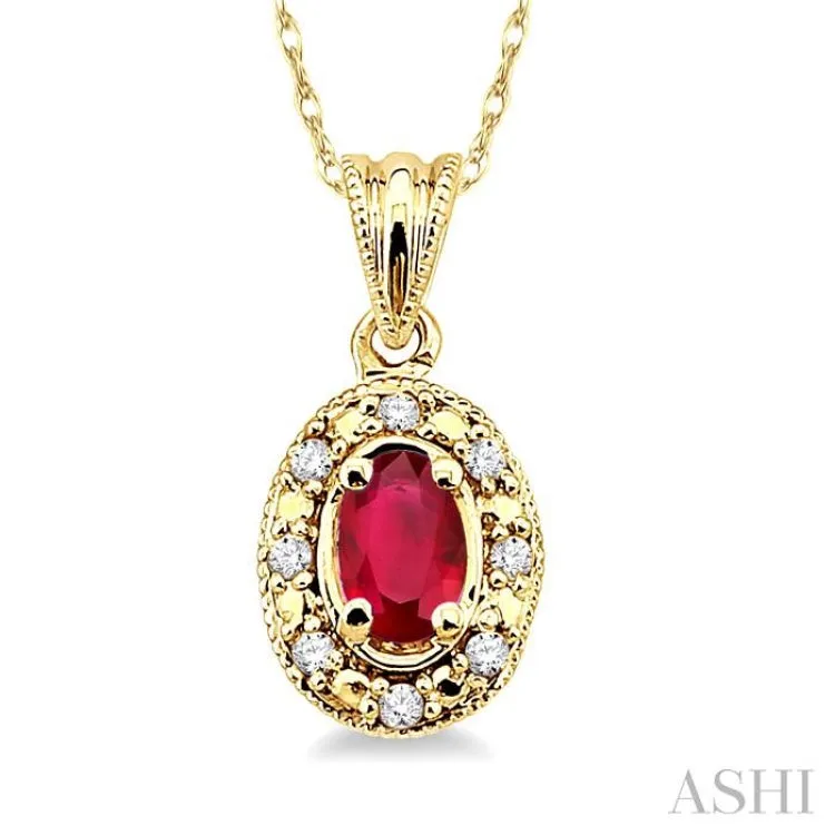 5x3 MM Oval Shape Ruby and 1/20 Ctw Single Cut Diamond Pendant in 14K Yellow Gold with Chain