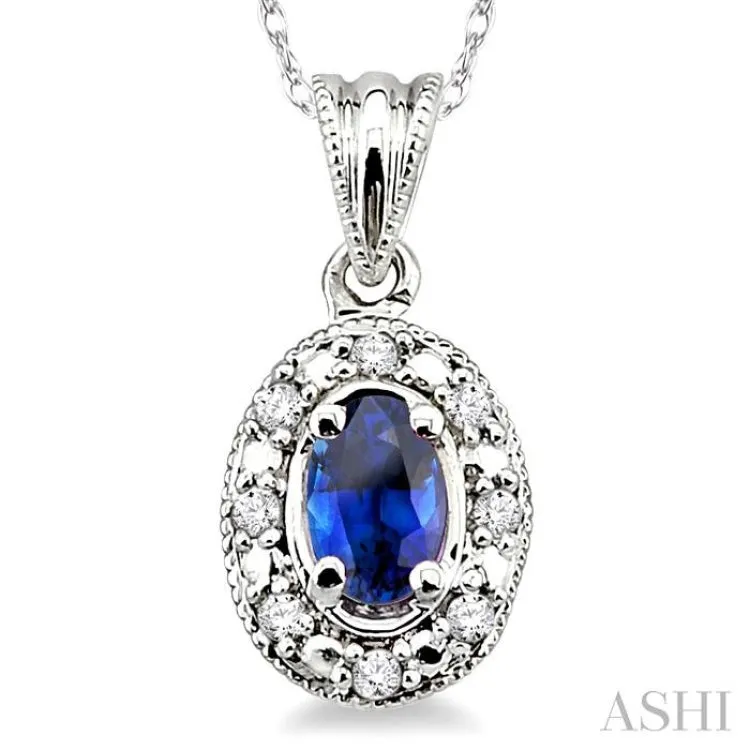 5x3 MM Oval Shape Sapphire and 1/20 Ctw Single Cut Diamond Pendant in 10K White Gold with Chain