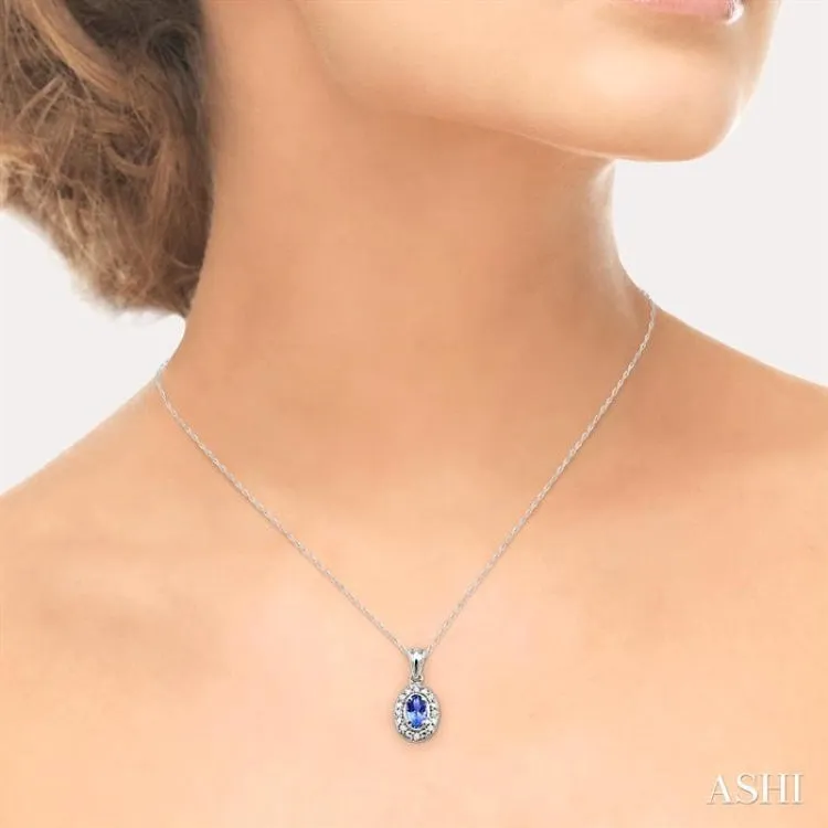 5x3 MM Oval Shape Tanzanite and 1/20 Ctw Single Cut Diamond Pendant in 14K White Gold with Chain