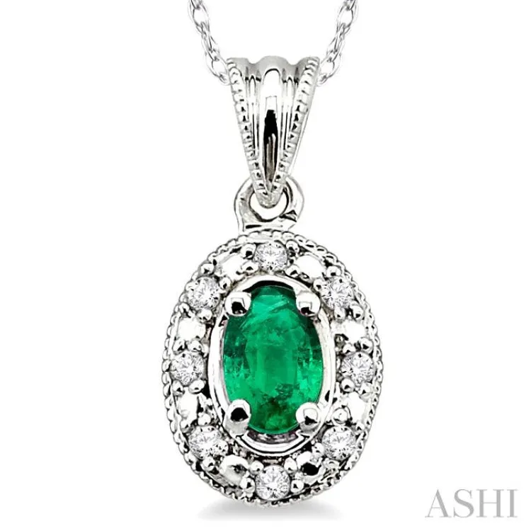 5x3mm Oval Shape Emerald and 1/20 Ctw Single Cut Diamond Pendant in 10K White Gold with Chain