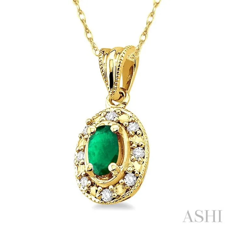 5x3mm Oval Shape Emerald and 1/20 Ctw Single Cut Diamond Pendant in 14K Yellow Gold with Chain.