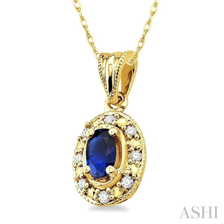 5x3mm Oval Shape Sapphire and 1/20 Ctw Single Cut Diamond Pendant in 14K Yellow Gold with Chain