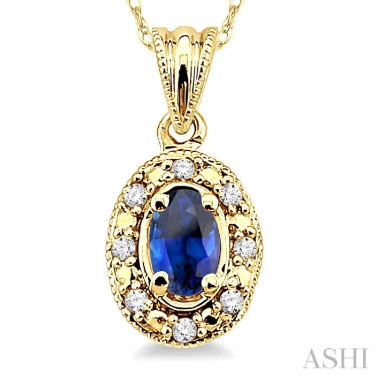 5x3mm Oval Shape Sapphire and 1/20 Ctw Single Cut Diamond Pendant in 14K Yellow Gold with Chain