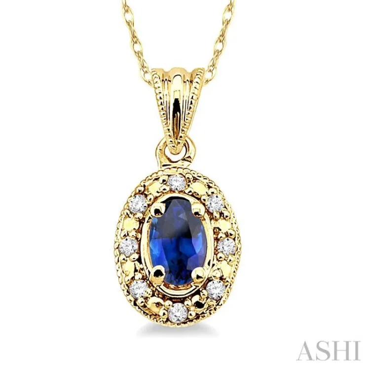 5x3mm Oval Shape Sapphire and 1/20 Ctw Single Cut Diamond Pendant in 14K Yellow Gold with Chain