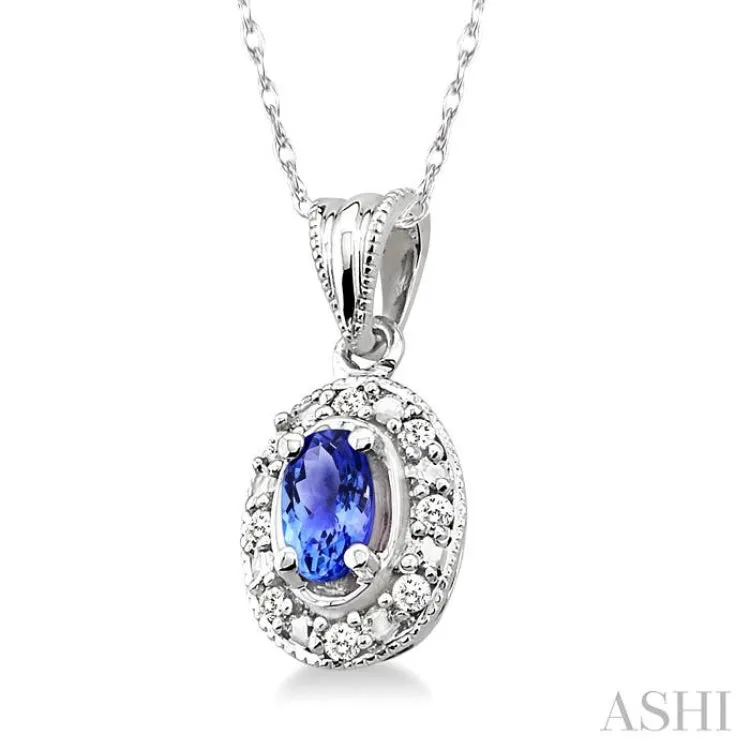 5x3mm Oval Shape Tanzanite and 1/20 Ctw Single Cut Diamond Pendant in 14K White Gold with Chain