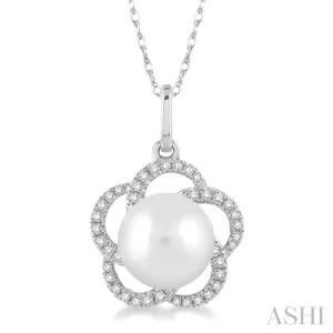 7MM Cultured Pearl and 1/8 Ctw Single Cut Diamond Pendant in 14K White Gold with Chain