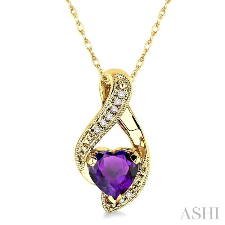 7mm Heart Shape Amethyst and 1/20 Ctw Single Cut Diamond Semi Precious Pendant in 14K Yellow Gold with Chain