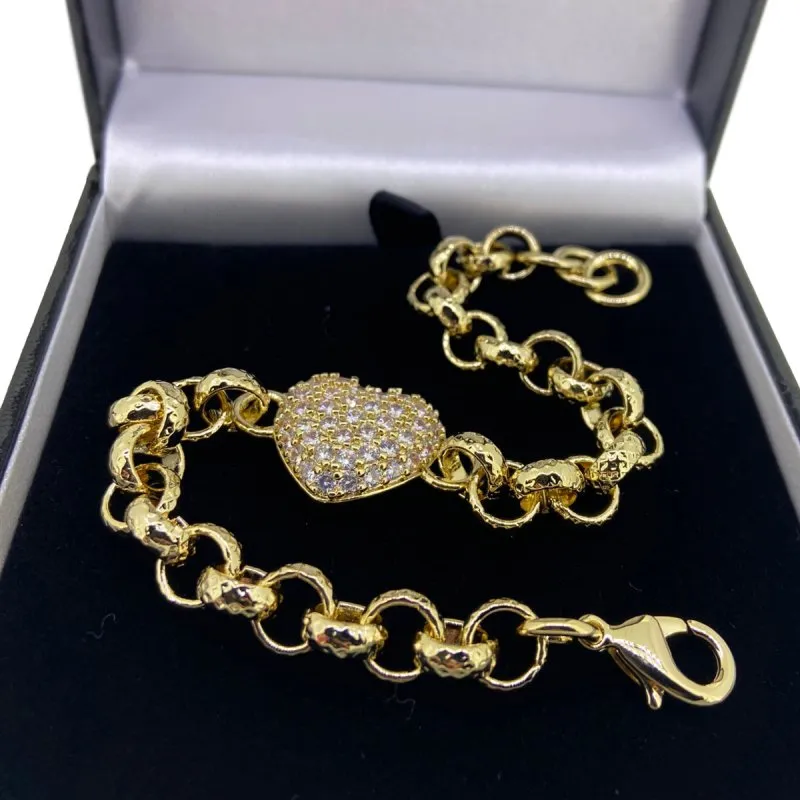 8mm Gold Filled Crystal Heart Pattern Belcher Bracelet 6/8 Inch