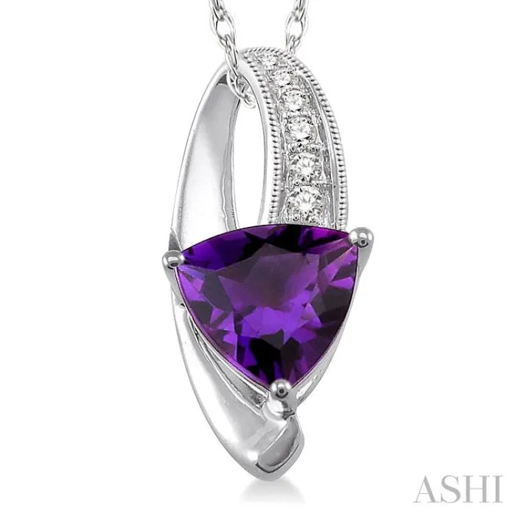 8x8mm Trillion Cut Amethyst and 1/20 Ctw Single Cut Diamond Pendant in 10K White Gold with Chain