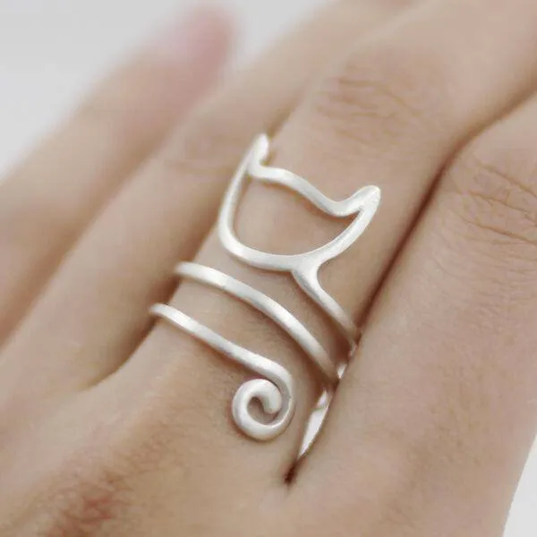 925 Sterling Silver Winding Cat adjustable Rings