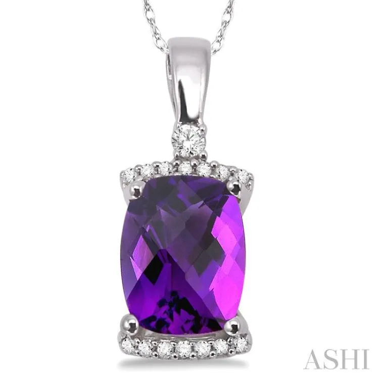 9x7 MM Cushion Shape Amethyst and 1/10 Ctw Round Cut Diamond Pendant in 14K White Gold with Chain