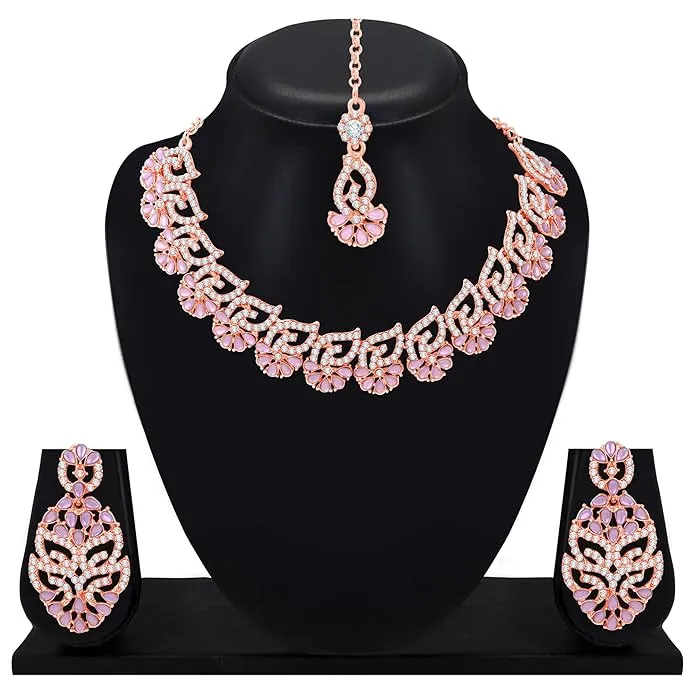 AD Studded Necklace Jewelry Set with Earrings & Maang Tikka for Women Indian Jewelry Set