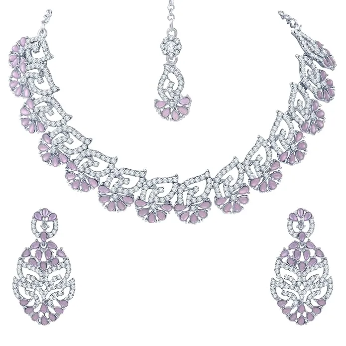 AD Studded Necklace Jewelry Set with Earrings & Maang Tikka for Women Indian Jewelry Set