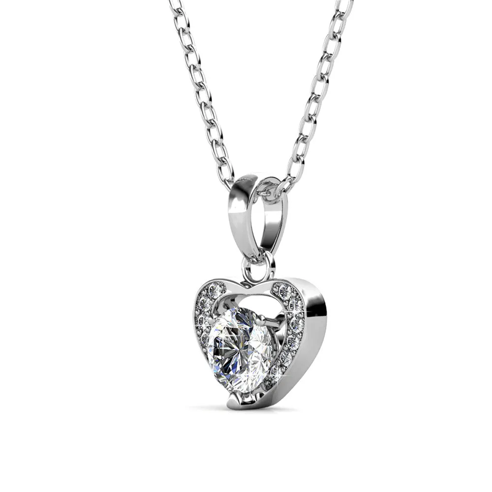 Amberly 18k White Gold Plated Heart Pendant Necklace with Solitaire Round Cut Swarovski Crystals