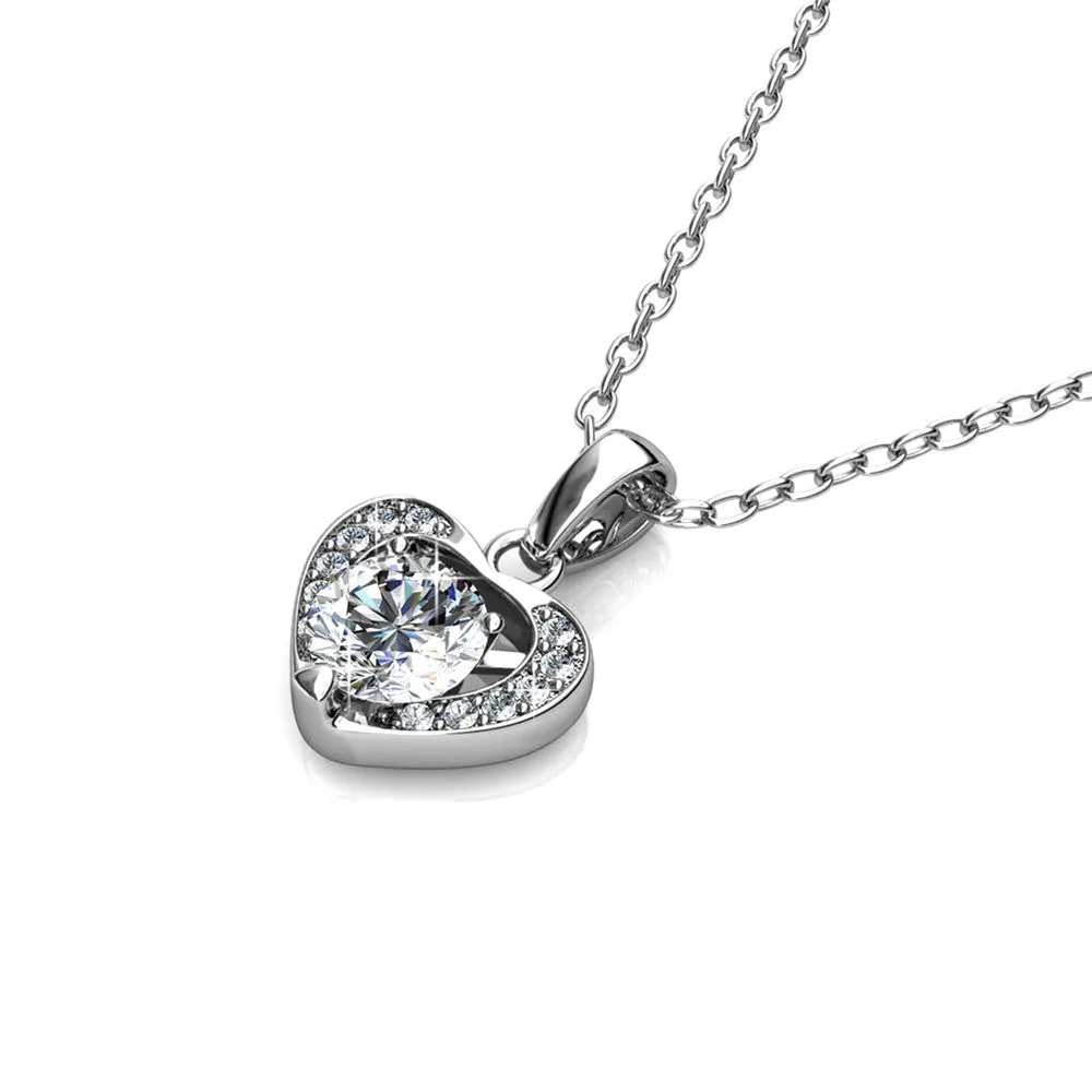 Amberly 18k White Gold Plated Heart Pendant Necklace with Solitaire Round Cut Swarovski Crystals