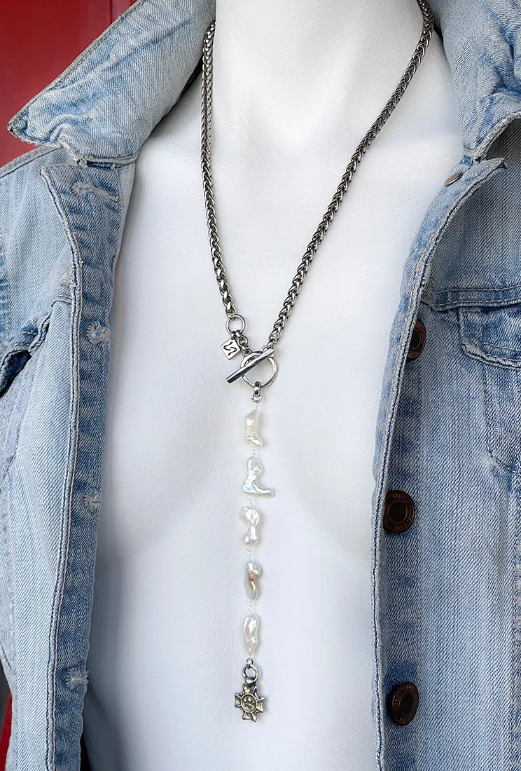 ANGELICA Pearl Rosary and Artisan Charm Toggle Necklace