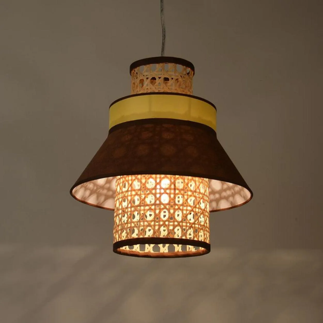 ANKUR RETRO NATURAL BAMBOO CANE AND FABRIC PENDANT LIGHT DARK BROWN