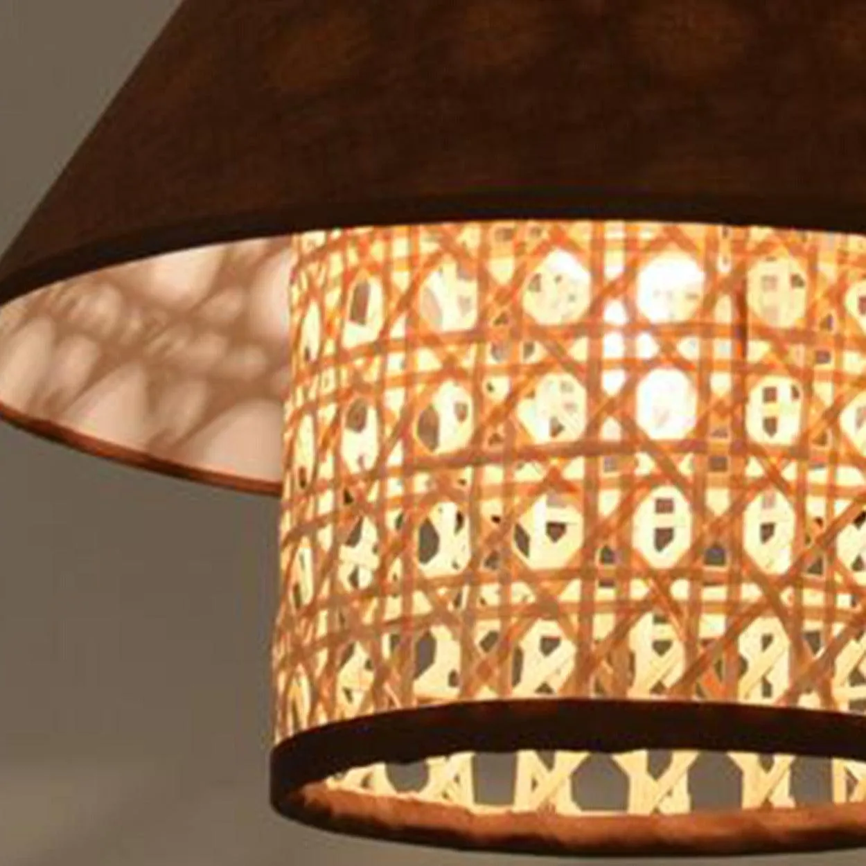 ANKUR RETRO NATURAL BAMBOO CANE AND FABRIC PENDANT LIGHT DARK BROWN