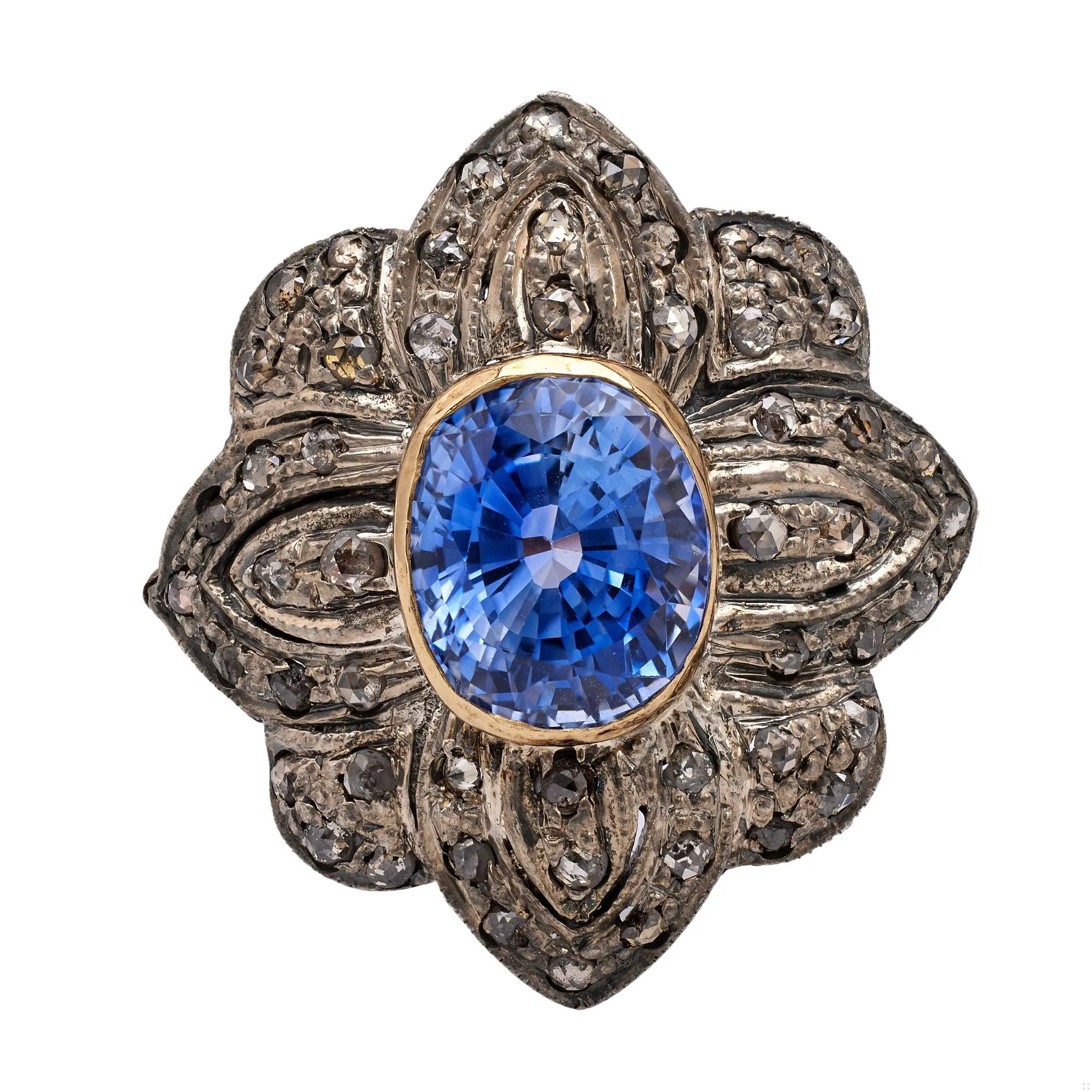 Antique Portuguese Sapphire and Diamond Gold Silver Ring