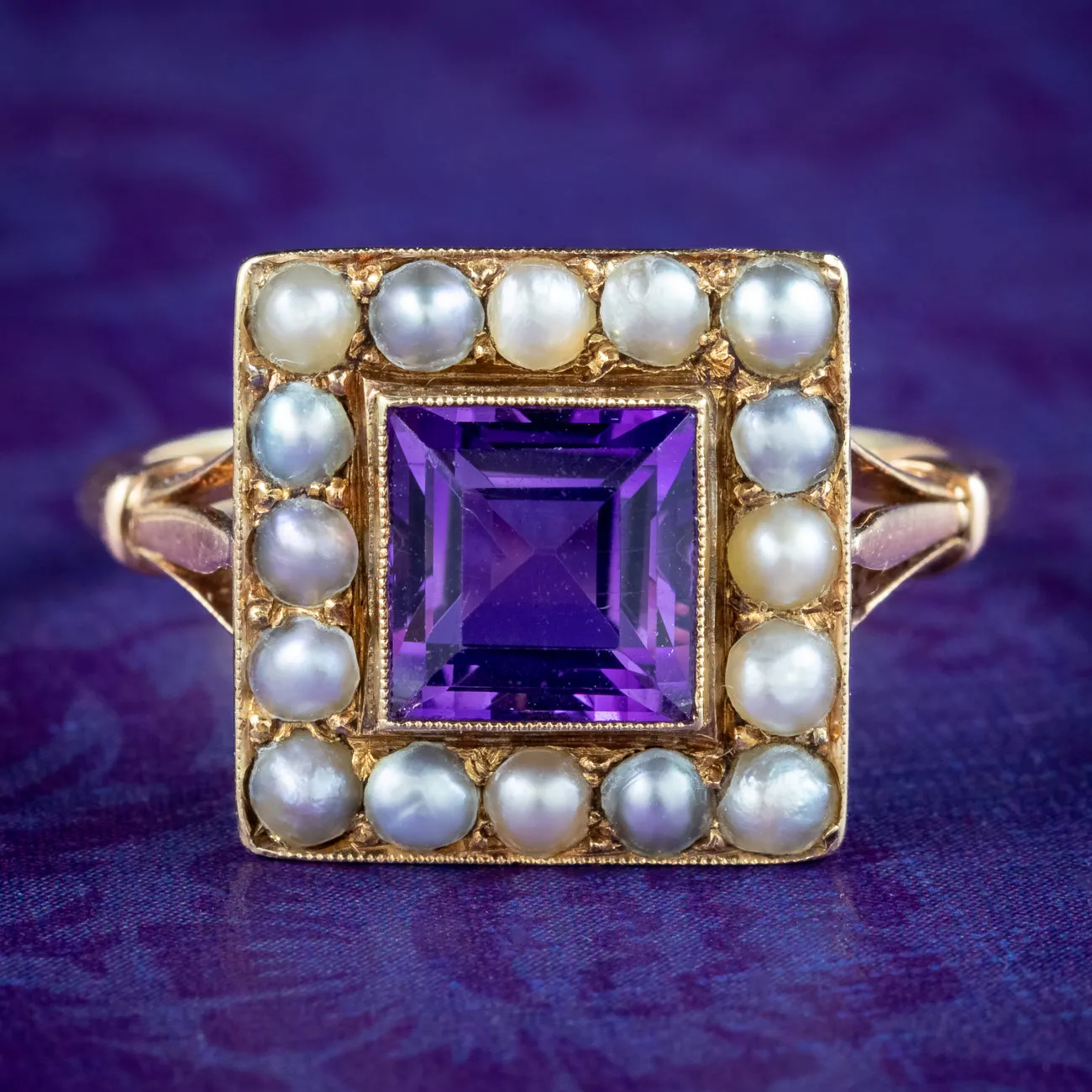 Antique Victorian Amethyst Pearl Cluster Ring 1.8ct Amethyst