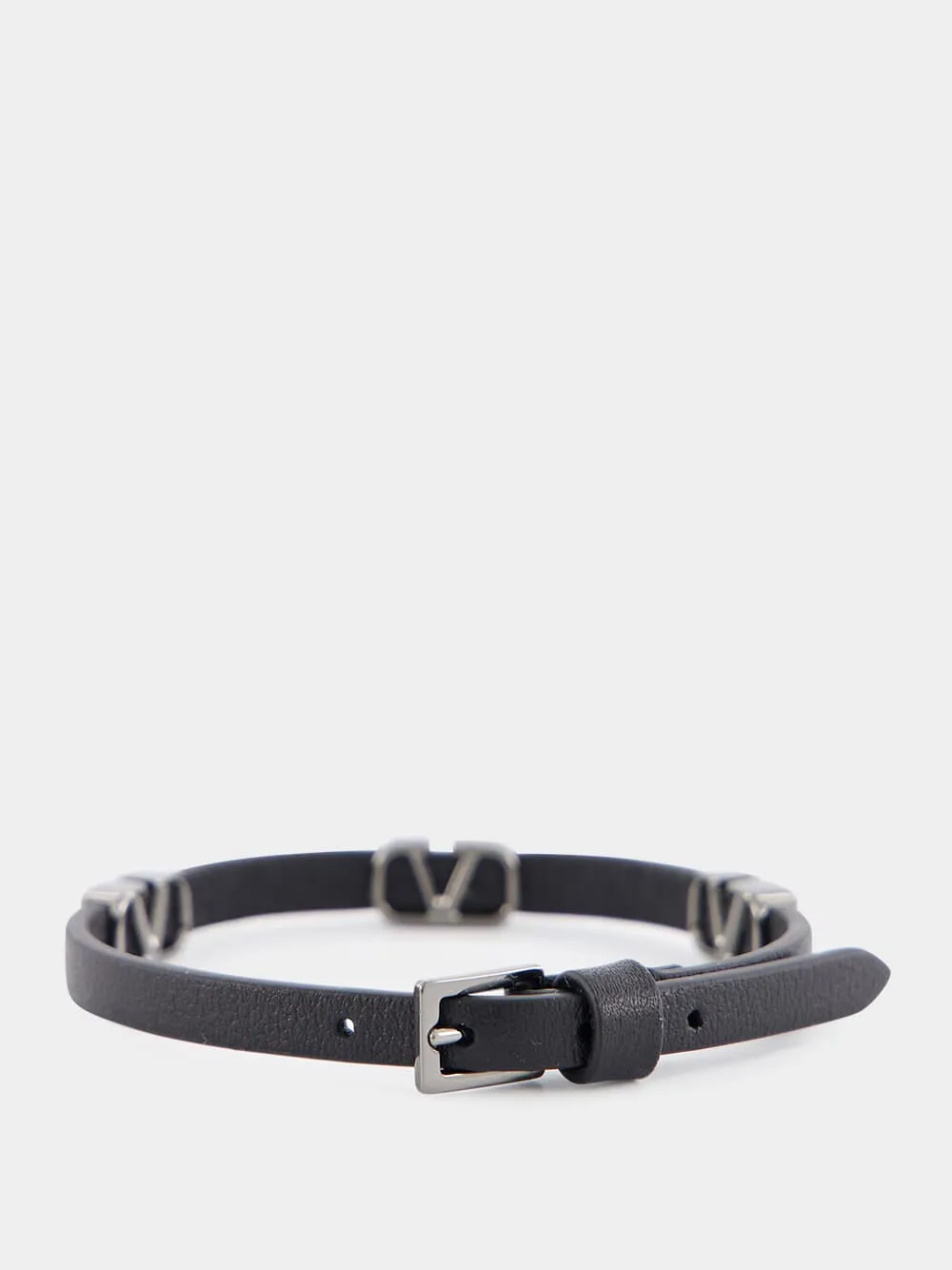 Black Leather Bracelet with Metal Logo