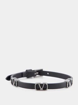 Black Leather Bracelet with Metal Logo